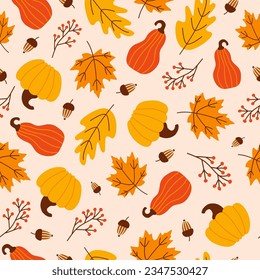 Colorful seamless pattern of autumn pumpkins,  seasonal leaves and acorns. Ripe juicy pumpkins and falling leaves. Vector illustration.