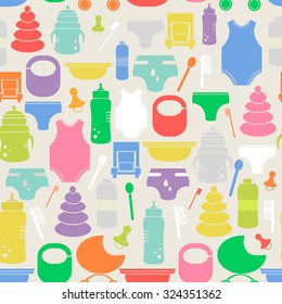 Colorful seamless pattern with baby goods. Cute texture with different baby items