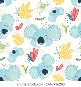 Colorful seamless pattern of baby illustration of cute koala with plants background. Childish scandinavian backdrop for fabric, textile, paper, wallpaper, wrapping, poster, print design