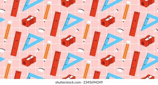 Colorful seamless pattern back to school and education with school supplies on white background.