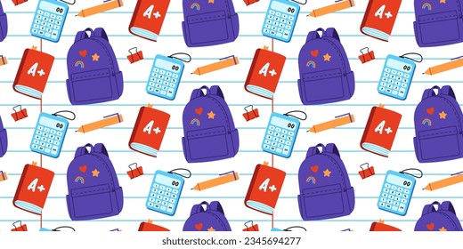 Colorful seamless pattern back to school and education with school supplies on white background.