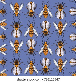 Colorful seamless pattern, background with bees.   Vector illustration.