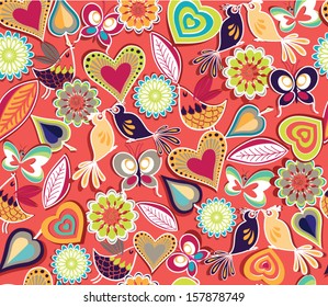 Colorful seamless pattern background with decorative hearts,flowers,leaves,birds and butterflies.Vector and illustration design and elements backdrop.Use for banner,wallpaper,template,card,leaflet
