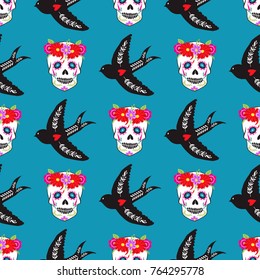 Colorful seamless pattern background Dia De Los muertos holiday day of the dead vector.