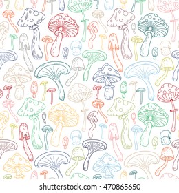 Colorful seamless pattern background with different mushrooms