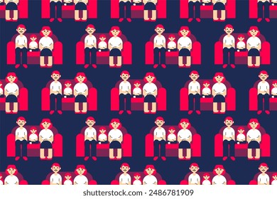 Colorful seamless pattern background with family illustration. Family at living room illustration background