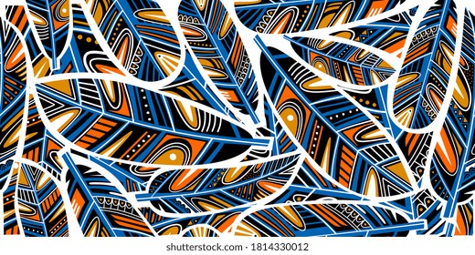 Colorido fondo de patrón transparente con plumas. Ornamento vectorial tradicional de moda folclórica sobre fondo blanco. Pluma de boho vintage. Ropa de plantilla de moda dibujada a mano, textiles, diseño de camisetas