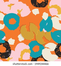 Colorful seamless pattern, background, header, collage with different shapes and textures. Vector illustrations. Trendy colors