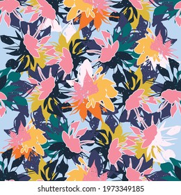 Colorful seamless pattern, background, header, collage with different flowers, shapes and textures. Vector illustration. Trendy colors 
