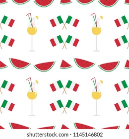 Colorful seamless pattern background with italian flags, watermelon slices and cocktails for italian traditional august holiday Ferragosto.