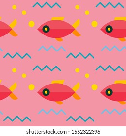 Colorful seamless pattern background: many fish and wave in cartoon style for your design