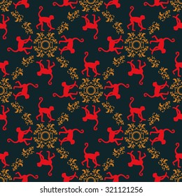 Colorful seamless pattern background with monkeys. Symbol of 2016 year. Red monkey texture with gold floral ornament. Oriental happy new year illustration.