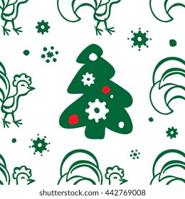 Colorful seamless pattern background with roosters. Symbol of 2017 year. Oriental happy new year illustration.