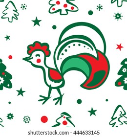 Colorful seamless pattern background with roosters. Symbol of 2017 year. Oriental happy new year illustration.