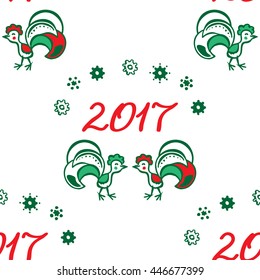 Colorful seamless pattern background with roosters. Symbol of 2017 year. Oriental happy new year illustration.