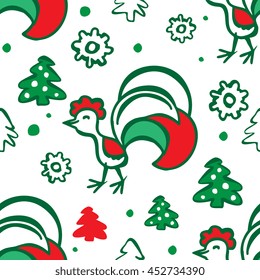 Colorful seamless pattern background with roosters. Symbol of 2017 year. Oriental happy new year illustration.
