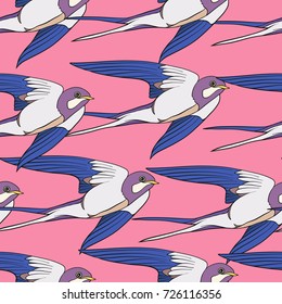 Colorful seamless pattern, background with swallows.