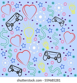 Colorful seamless pattern, the ball, joystick, heart, idea, technology, money