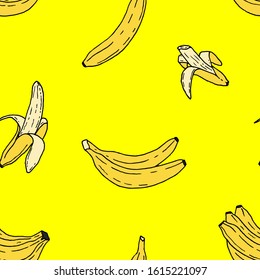 Colorful seamless pattern of banana doodles. Vector cartoon background. Hand-drawn style.