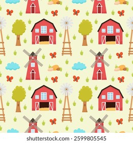 Colorful seamless pattern with barns, mills, windmills, trees and butterflies. Suitable for packaging, textiles, wallpaper, children's products and farm products.