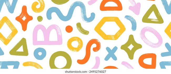 Colorful seamless pattern with basic geometric shapes and figures in kid's doodle style. Modern playful background with cute geometric shapes. Abstract graphic design banner with wavy bold lines.