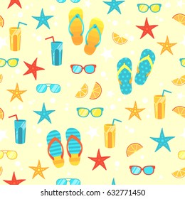 Colorful seamless pattern with beach flat items include: flip flops, cocktails, starfishes, orange slices