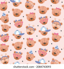 Colorful seamless pattern with bear face. Cute kids nordic print. Vector hand drawn illustration.