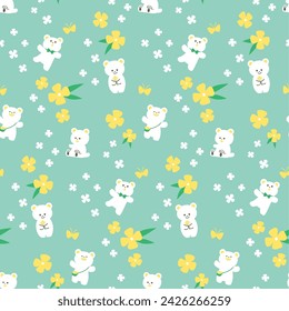 colorful seamless pattern with bears and flowers