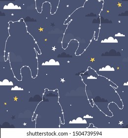 Colorful seamless pattern with bears, stars, clouds. Decorative cute wallpaper, good for printing. Overlapping colored background vector. Design illustration with animals, night sky