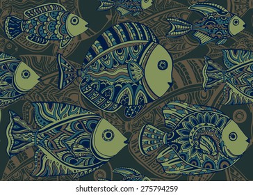 Colorful seamless pattern of a lot of beautiful decorative ornamental fishes