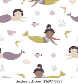 Colorful seamless pattern with beautiful mermaids and sea life. Marine background for fabric, textile, wrapping paper