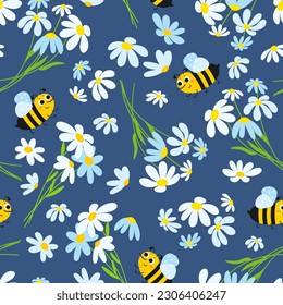 Colorido patrón sin costuras con abejas y flores en un fondo azul. Fondo veraniego de flores para tejidos o tapices. Ilustración vectorial. 