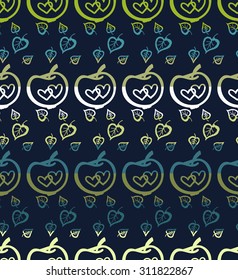 Colorful seamless pattern with birch leaf and apple fall forest wedding elements separated by color stripes on dark background.