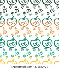 Colorful seamless pattern with birch leaf and apple fall forest wedding elements separated by color stripes on white background.