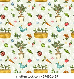 Colorful seamless pattern with bird, flower pots, ladybug, vegetables and many other gardening items. Hand drawn doodle illustrations for make your design projects more fresh and joyful.