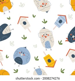 Colorful seamless pattern with birds and birdhouses