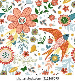 Colorful seamless pattern with birds and blooming flowers . Vector illustration