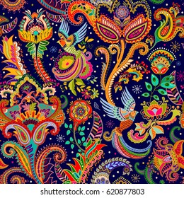 Colorful seamless pattern with birds and decorative elements. Paisley. Indian style. Design for fabrics