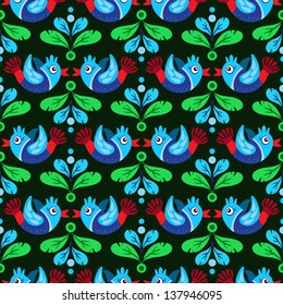 Colorful seamless pattern with birds and feathers