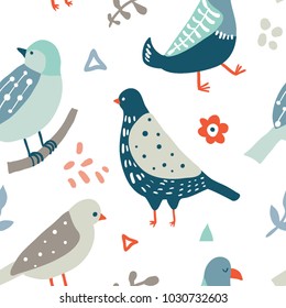 Colorful seamless pattern with birds, flowers and abstract doodle shapes. Collection of flat hand drawn birds. Cute background for textile print, wrapping paper, wall art design