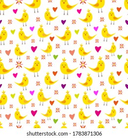 Patrón ininterrumpido colorido con aves, flores y corazones