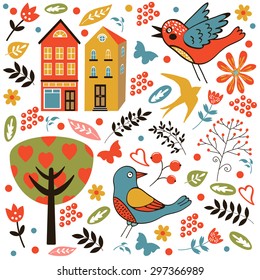Colorful seamless pattern with birds, flowers and houses. vector illustration
