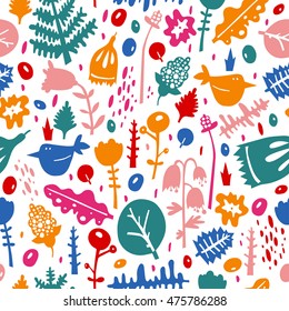 Colorful seamless pattern - birds in flowers - vector illustration.