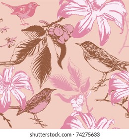Colorful seamless pattern - birds in flowers