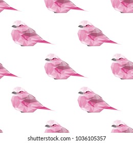 Colorful seamless pattern of birds visual identity in low polygon style on white background. Vector illustration.