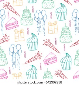 colorful seamless pattern of birthday elements using hand drawing style