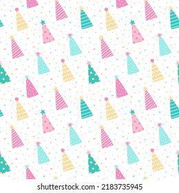 Colorful Seamless Pattern With Birthday Party Hats And Confetti. Design For Prints, Wrapping Paper, Gift Bags, Scrapbooking.