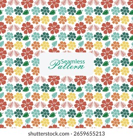 Patrón inconsútil colorido de flores en flor y hojas verdes sobre fondo blanco, ideal para impresiones de primavera, tela, embalaje y temas de diseño alegre.