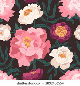 Colorido patrón sin costuras con flores de jardín florecientes. Fondo floral repetible con bellas peonías. Fondo vectorial plano de la impresión textil