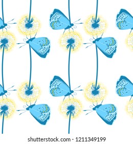 Colorful seamless pattern with blue butterfly sitting on dandelion flower,white background